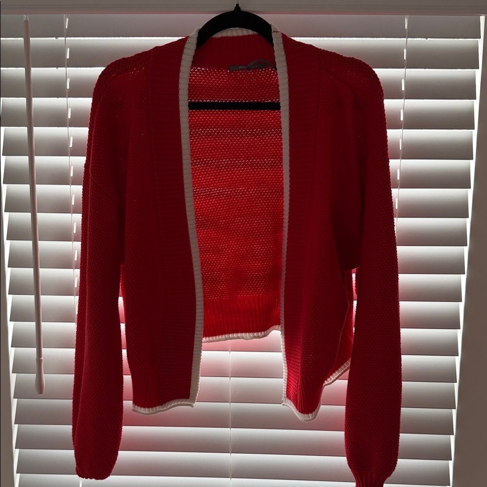 Anthropologie Red Open-Front Cardigan Sweater with White Trim